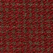 Red woven fabric texture with speckled brown threads, displaying a dense, irregular pattern and nubby fiber surface.